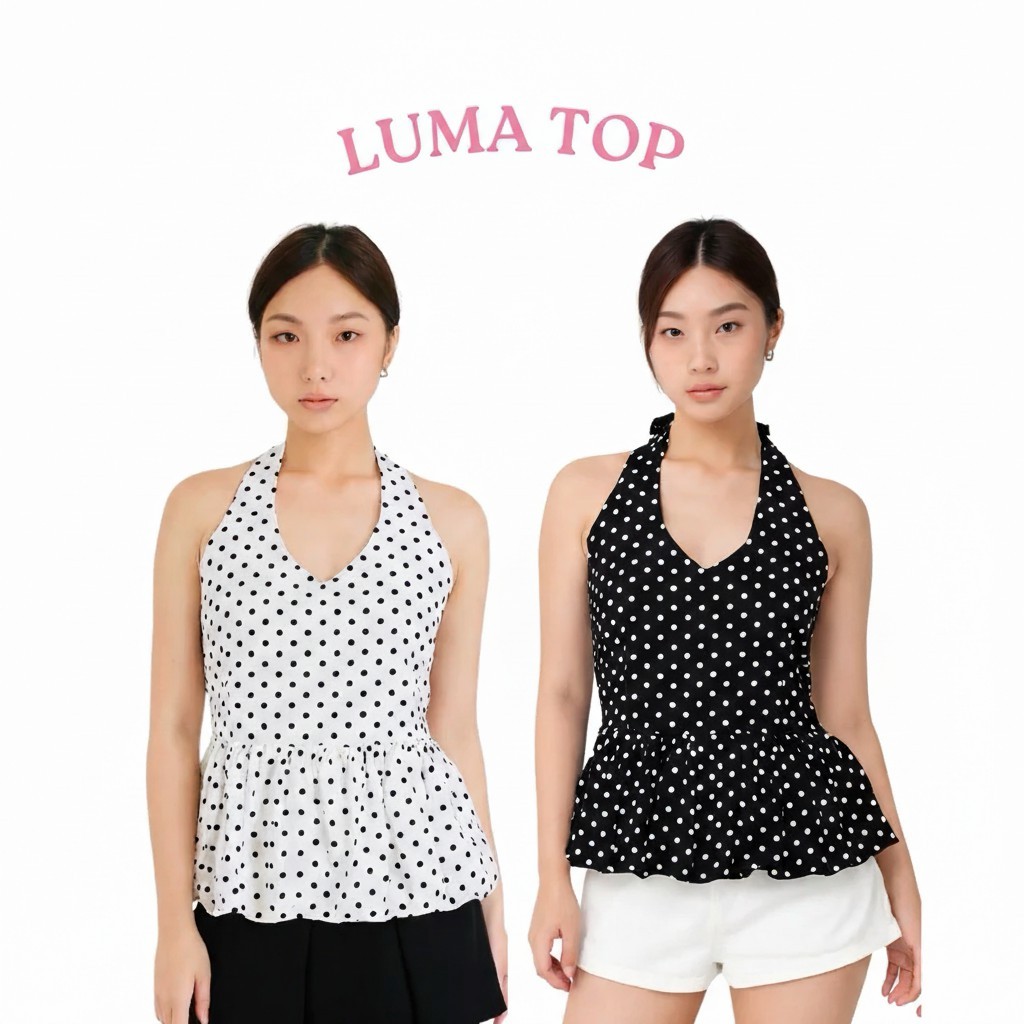 Luma Halter V Neck Top Wolfis Polka Dotted Wanita Jumbo S-XXXXL Korean Sexy