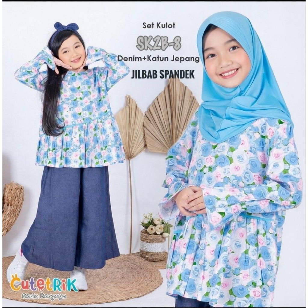 Setelan kulot Anak Perempuan Tunik Biru 6-8 Tahun (size 8) Celana Denim Baju Muslim Cutetrik