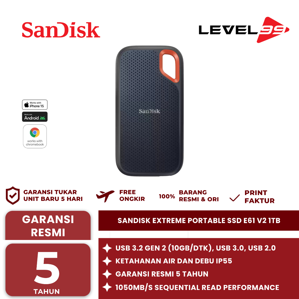 SanDisk Extreme Portable SSD E61 V2 1TB 1050MB/s USB 3.2 - (SDSSDE61-1T00-G25)