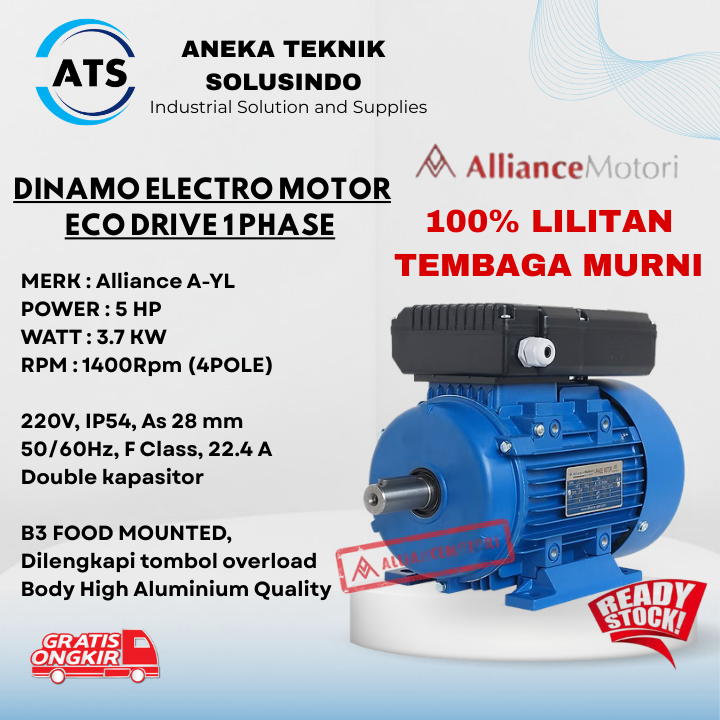 ALLIANCE  Dinamo 1 phase 5 hp 3.7kw B3 220V/ 100% Lilitan tembaga murni /Dinamo 1 phase/Dinamo Allia