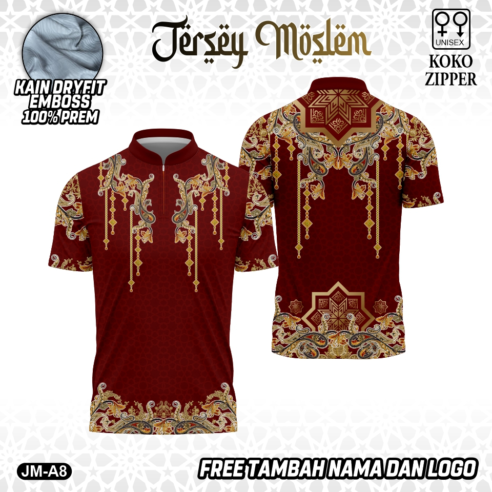 Baju muslim lebaran kaos jersey islami model zipper terbaru kain EMBOS