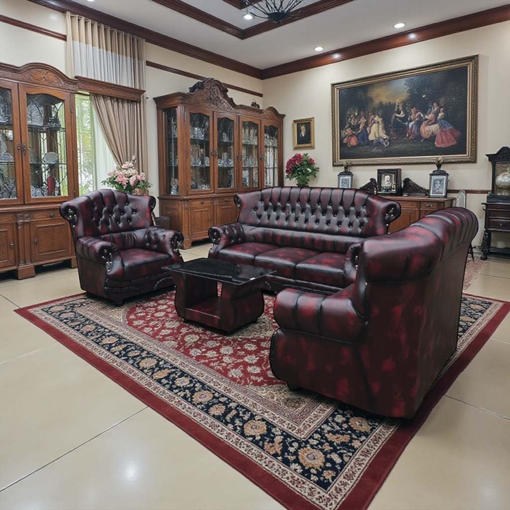 SOFA TAMU JAGUAR DENVER 321 Merah Maroon Oscar + Meja Kaca