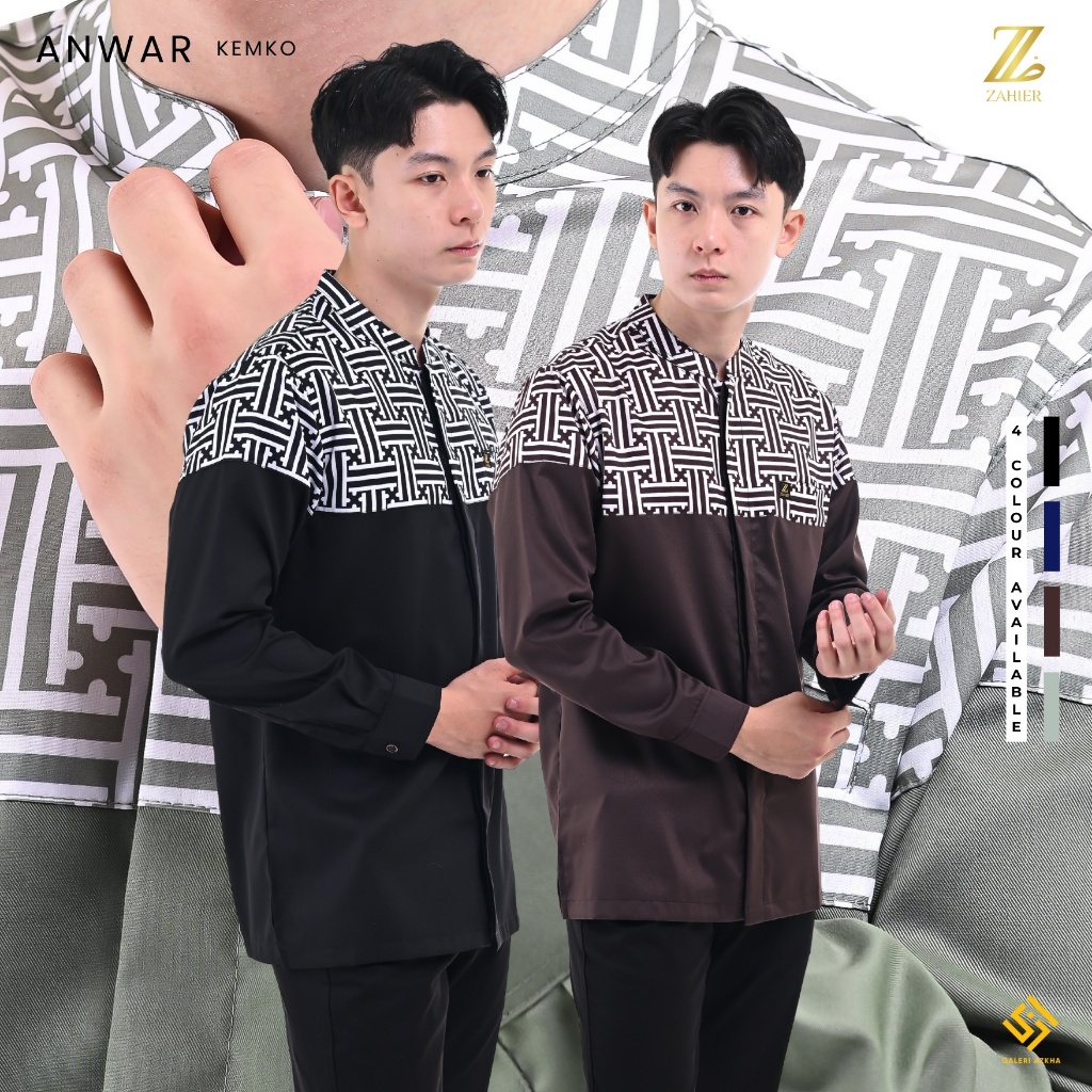 ZAHIER Kemko Batik Pria Modern Anwar Kemeja Koko Premium Lengan Panjang Muslim Dewasa
