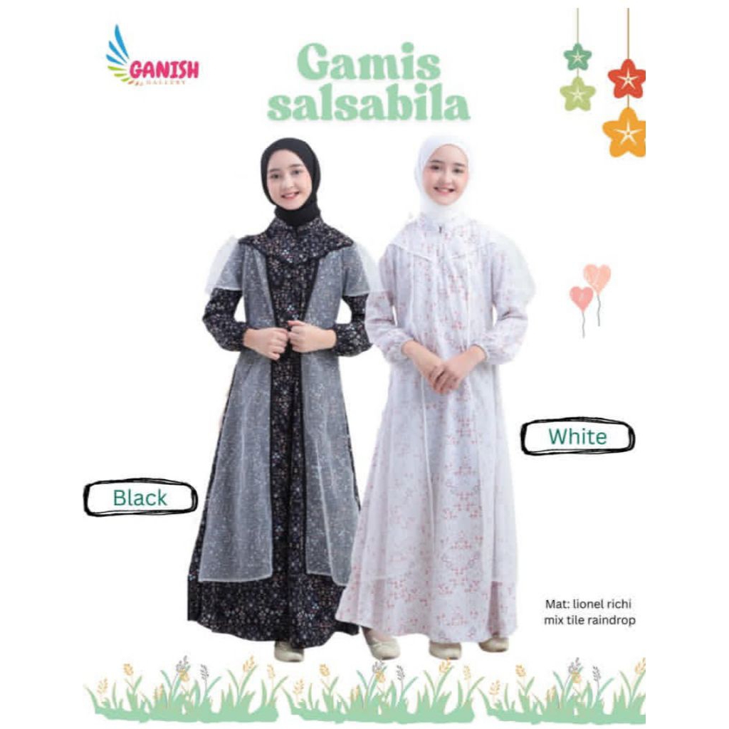 GAMIS ANAK REMAJA SALSABILA 10 11 12 13 14 THN SET HIJAB SETELAN BAJU MUSLIM HITAM PUTIH LEBARAN ANA
