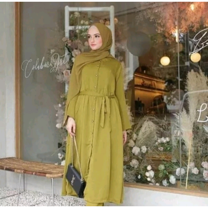 Geby Long Tunik Set (One Set Long tunik Pants Melayu Bahan Wolfice Anti UV) Celana Tunic Jumbo Wolfi