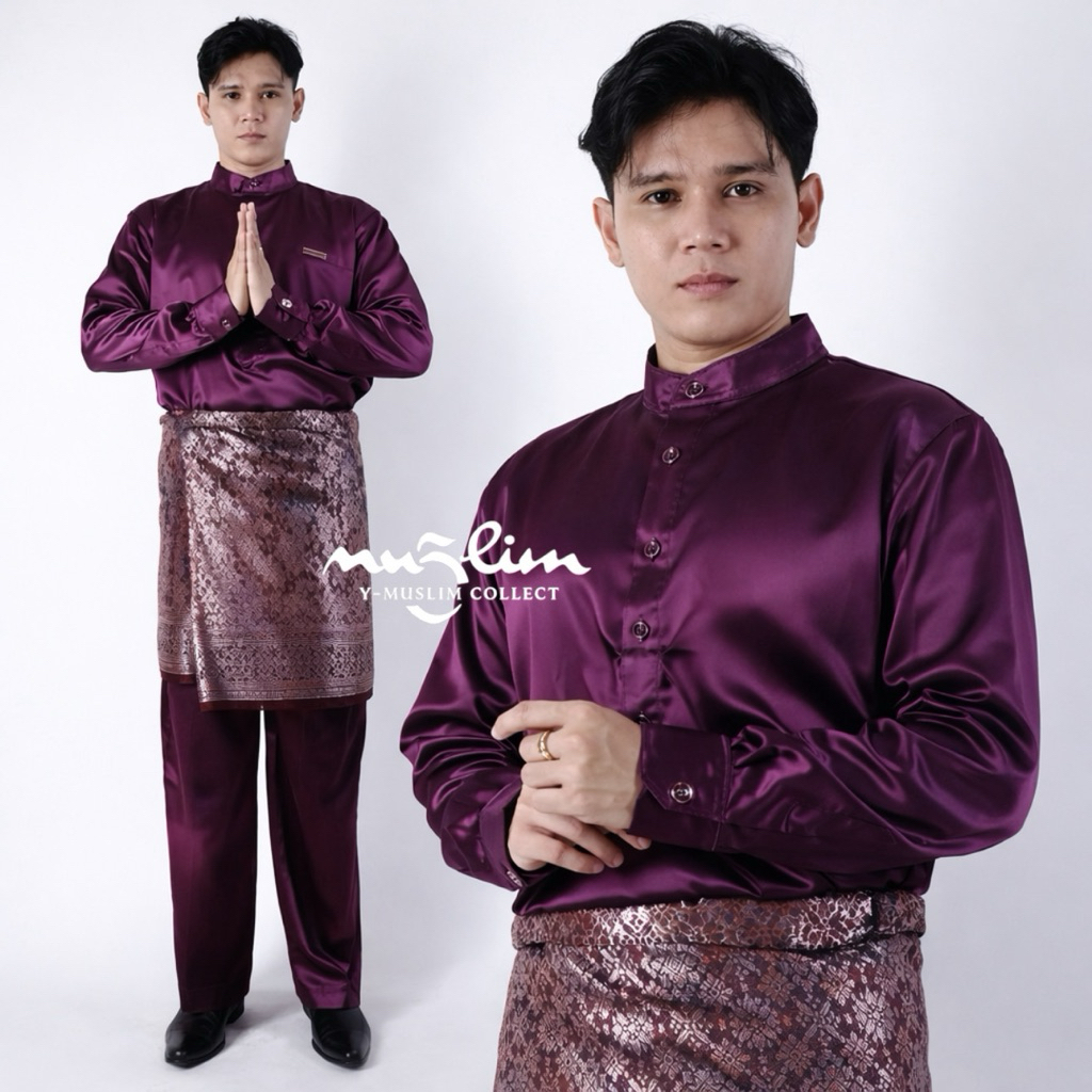 (Free Songket) Baju Kurung Melayu Pria Set Songket Stelan Baju Melayu Pria Teluk Belanga Cekak Musan