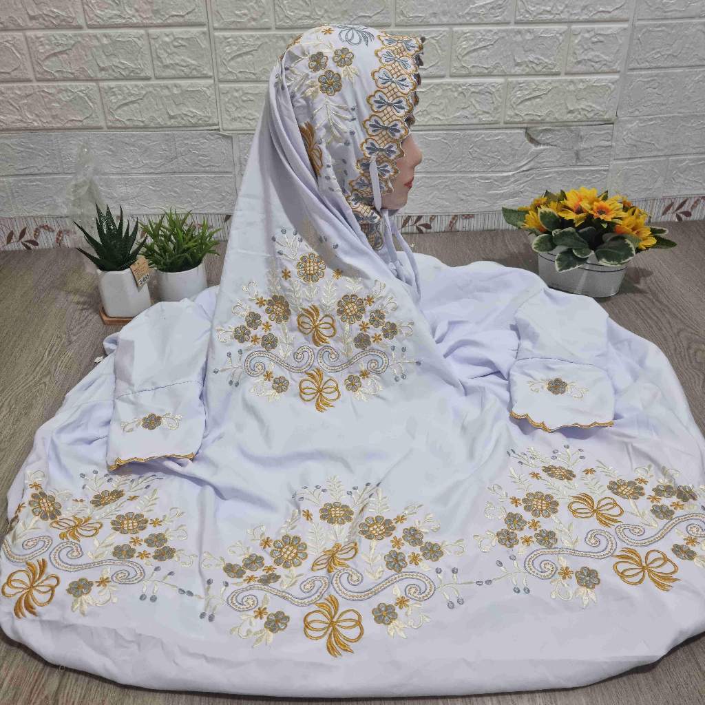 Mukena Bordir Putih Terusan Katun Mikro Adem Motif Bunga