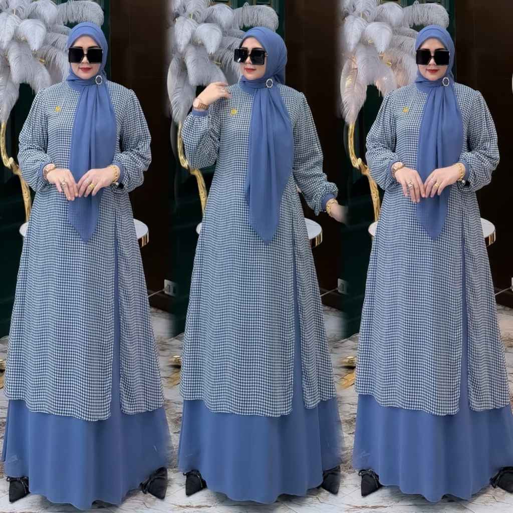 TERBARU Khadijah Set Jilbab Motif Biru Kotak // COD