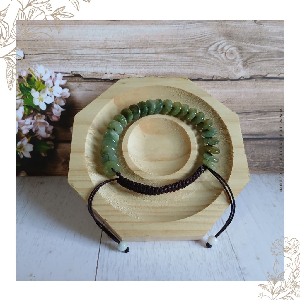 Gelang Tali Serut Koin Giok Asli Burma Hijau Kuning