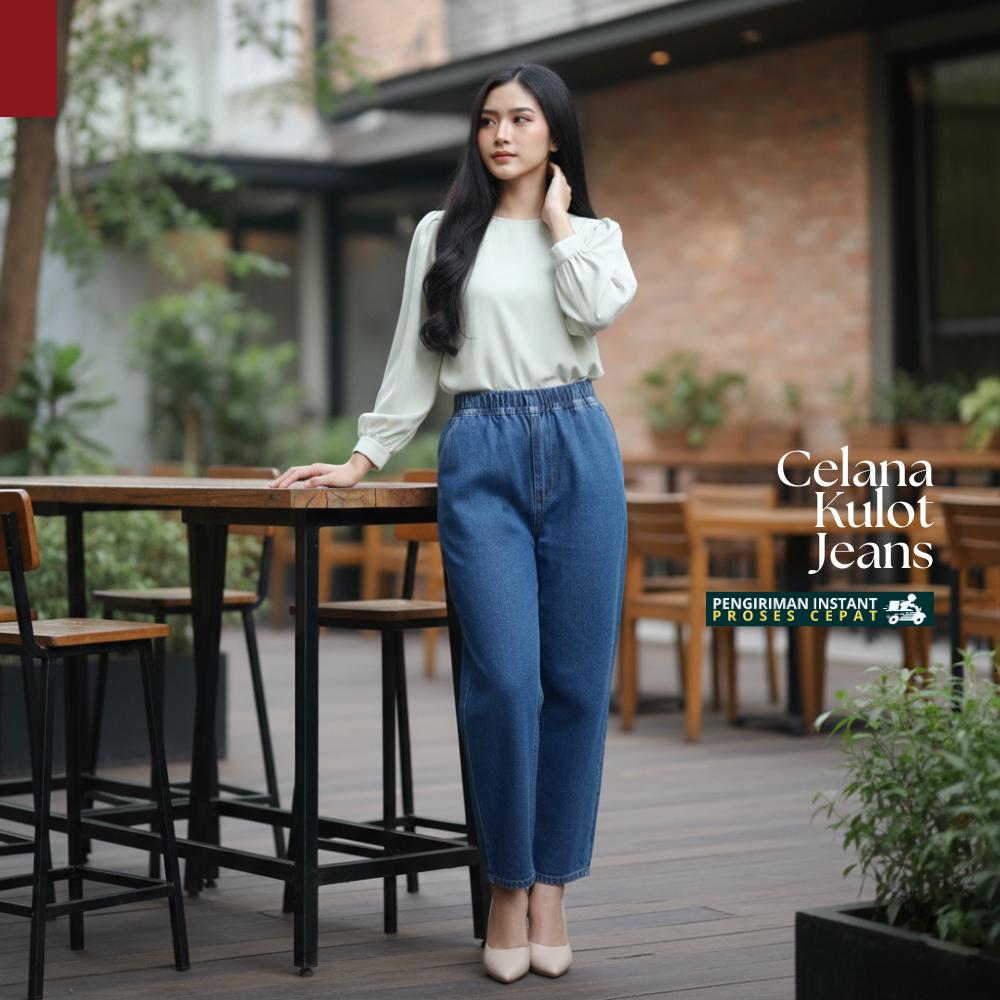 Bawahan Celana Kulot Jeans Denim Wanita Warna Biru Trend Terbaru Kekinian Fashion Hoki Jogja