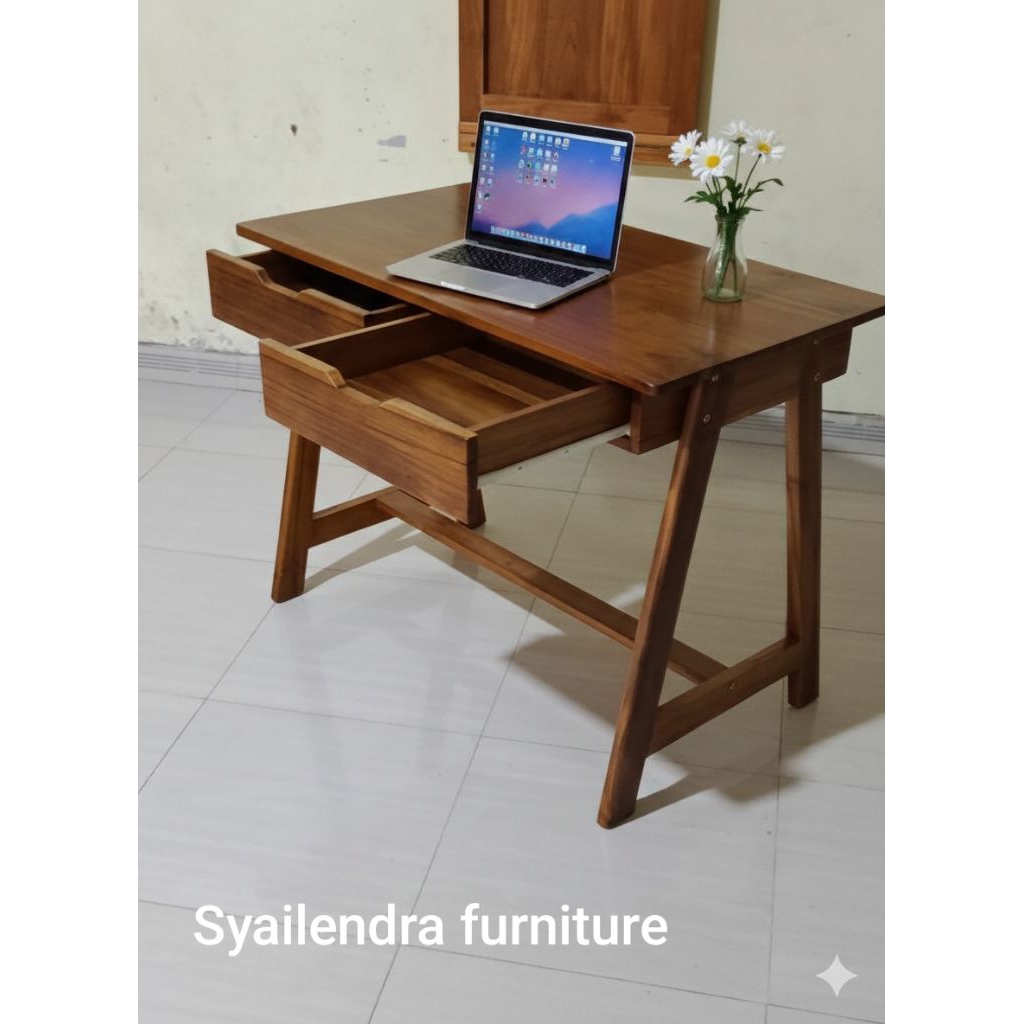 meja kerja jati, meja kerja kayu jati solid dengan 2 laci
