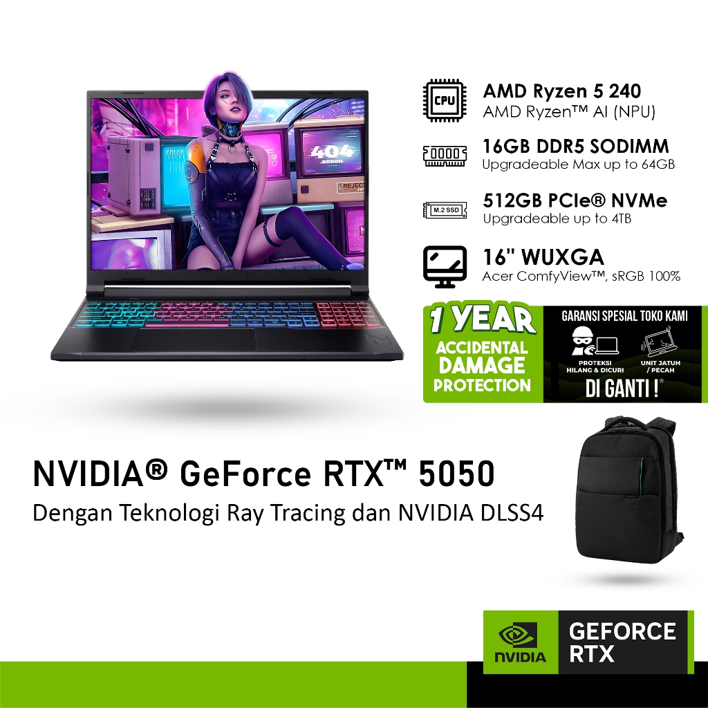 ACER NITRO V 16S ANV16S-41-R032 GeForce RTX™ 5050 8GB - RYZEN 5 240 16GB 512GB WINDOWS 11 16.0 WUXGA
