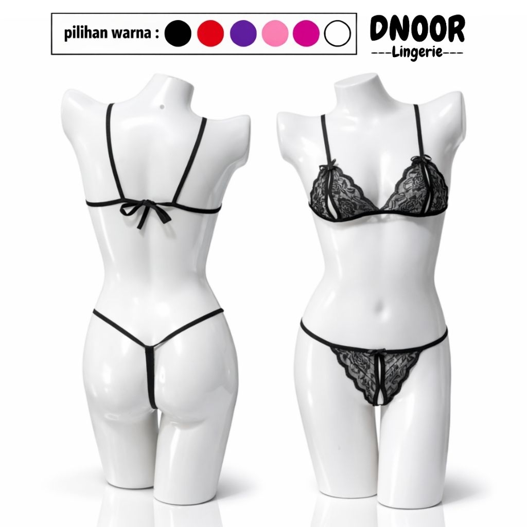 DNOOR set bra dan CD gstring motid renda open V dan open cup bahan polyester blend lace 1001