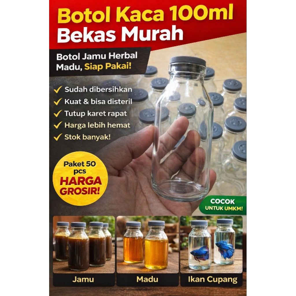 Botol Kaca 100ml Bekas Murah – Botol Jamu Herbal Madu – Wadah Ikan Cupang – Tutup Karet Rapat