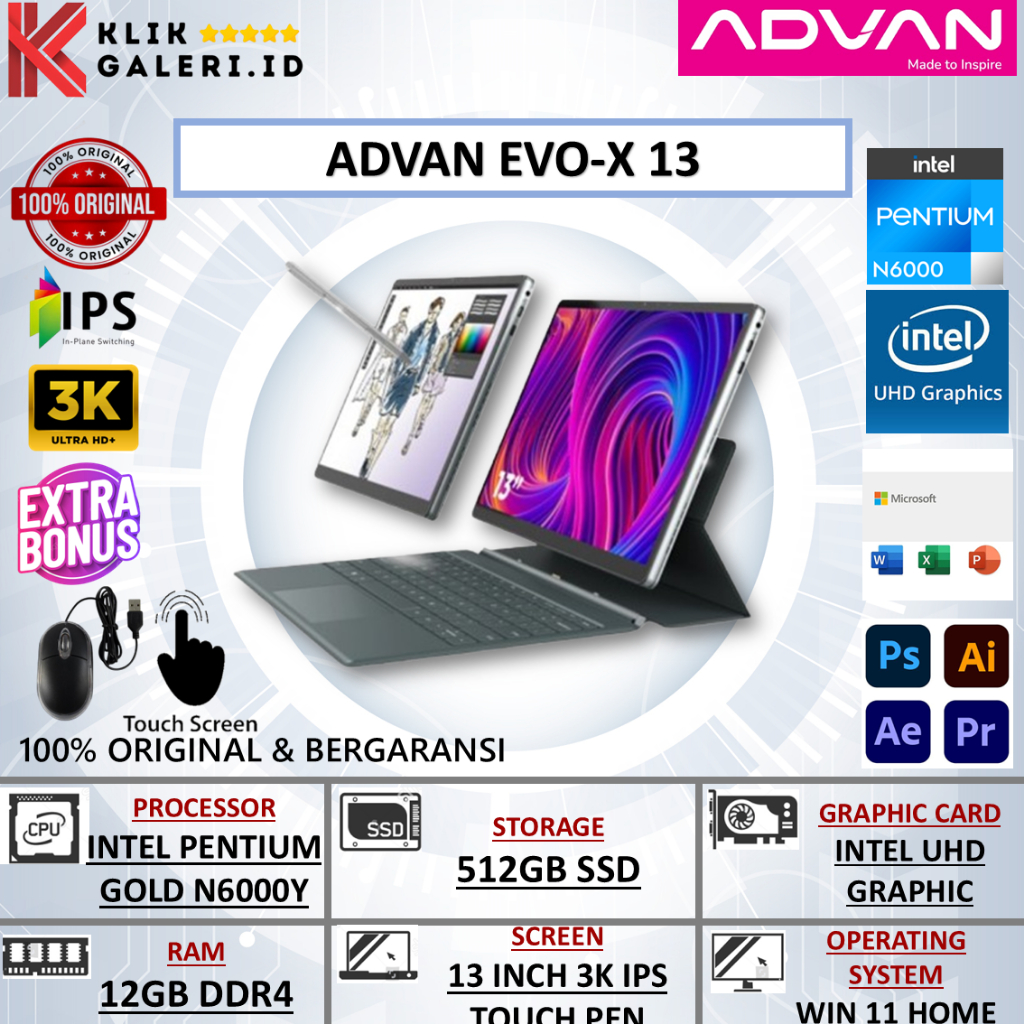 Laptop 2in1 ADVAN EXO-X 13  INTEL PENTIUM GOLD N600Y RAM 12GB 512GB 3K IPS TOUCH PEN WIN 11 HOME