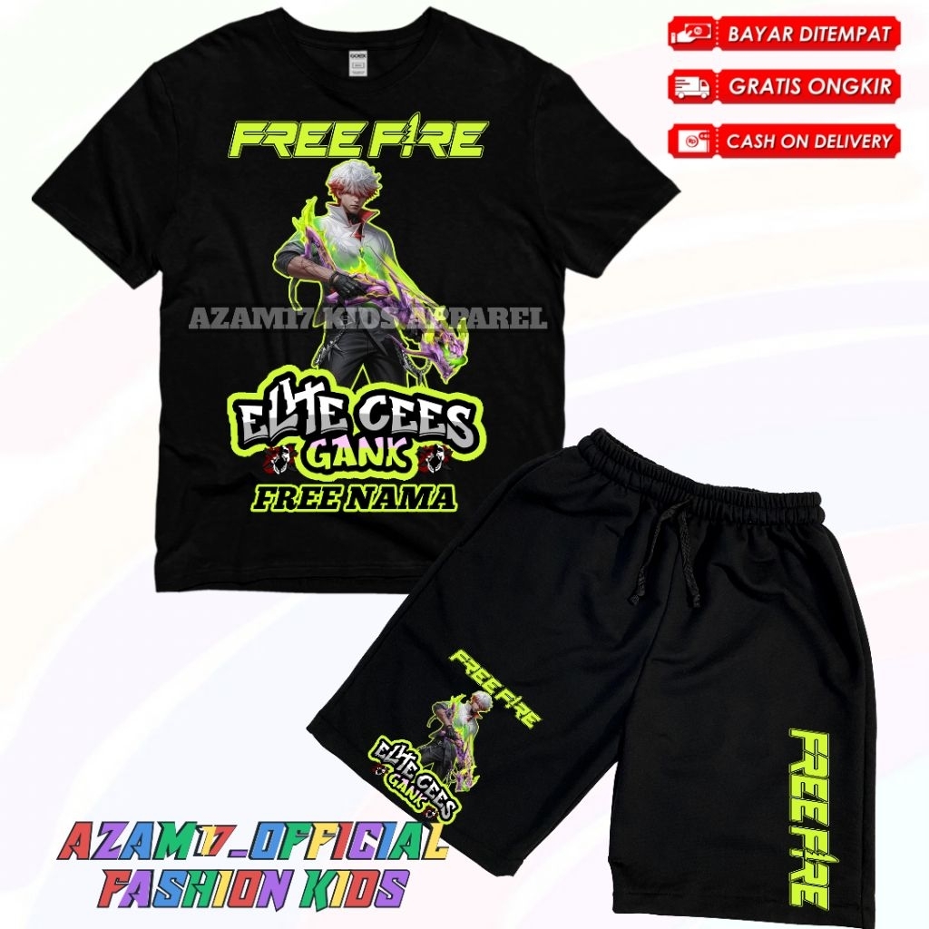 Setelan Kaos Celana Pendek Anak FF Free Fire FF Evo Green Flame Draco Free Nama / Setelan Kaos Board