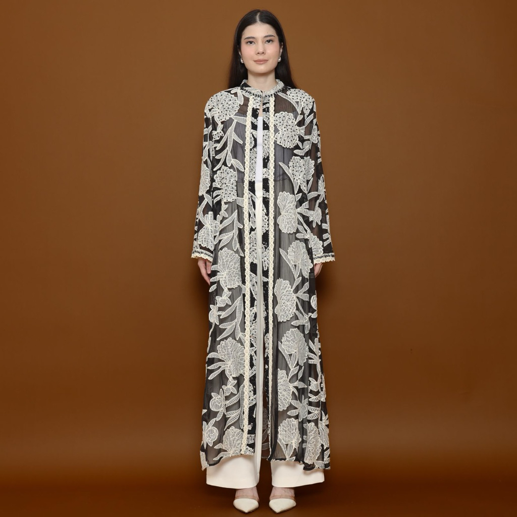 [PREMIUM] Dahlia Outer Lace Brokat Hitam- Long Cardigan Outerwear Wanita Kondangan Tunik Brokat Mewa