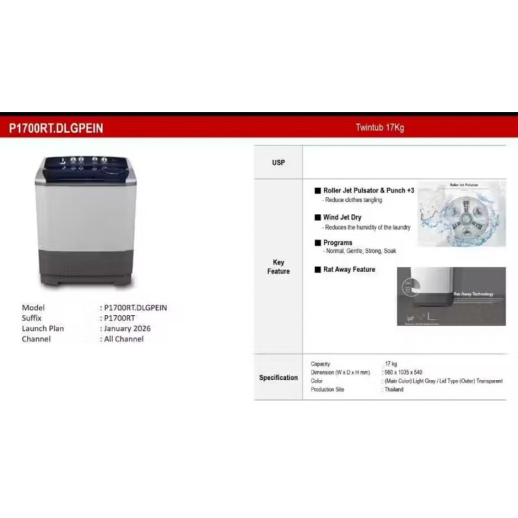 mesin cuci LG 17kg 2 tabung 17 kg washer laundry punch +3 roller jet pulsator wind jet dry wash jumb