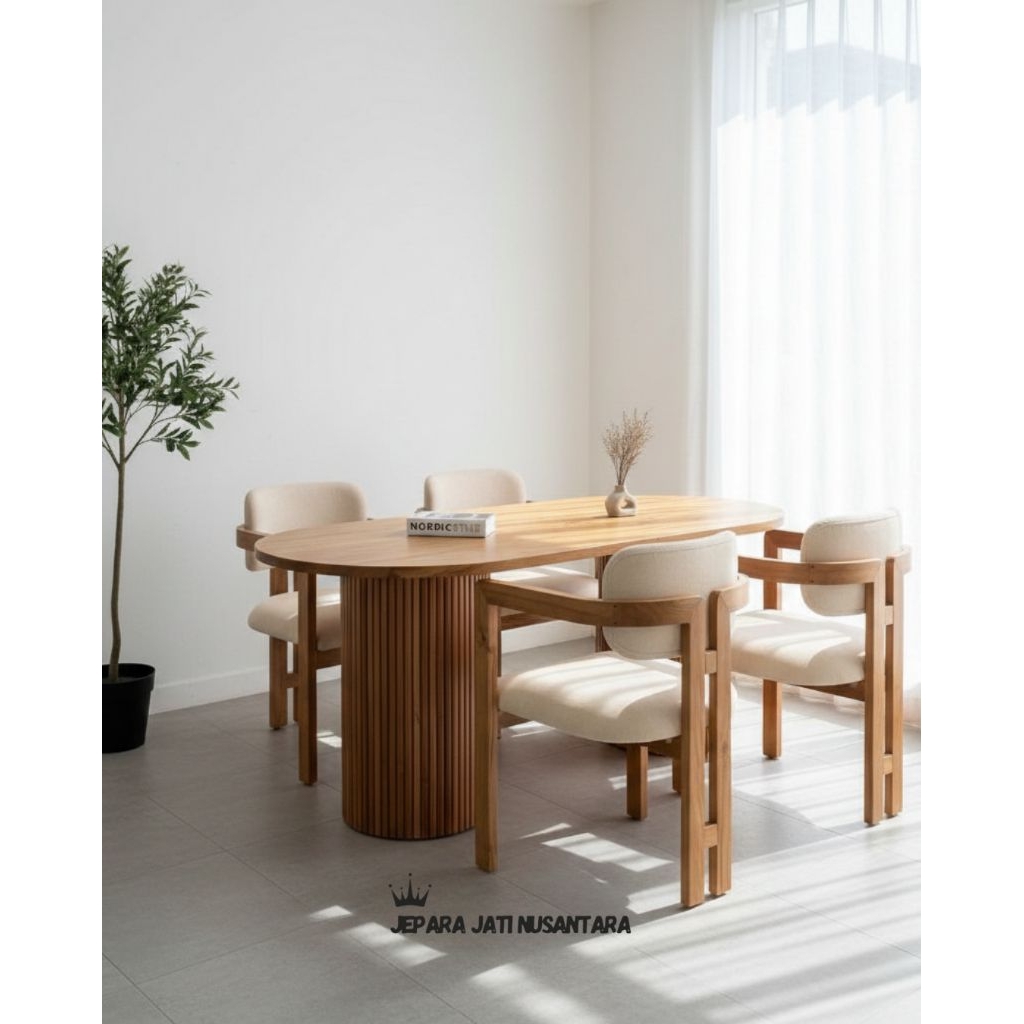 Meja Makan Salur Jati Oval 6 Kursi Modern Minimalis