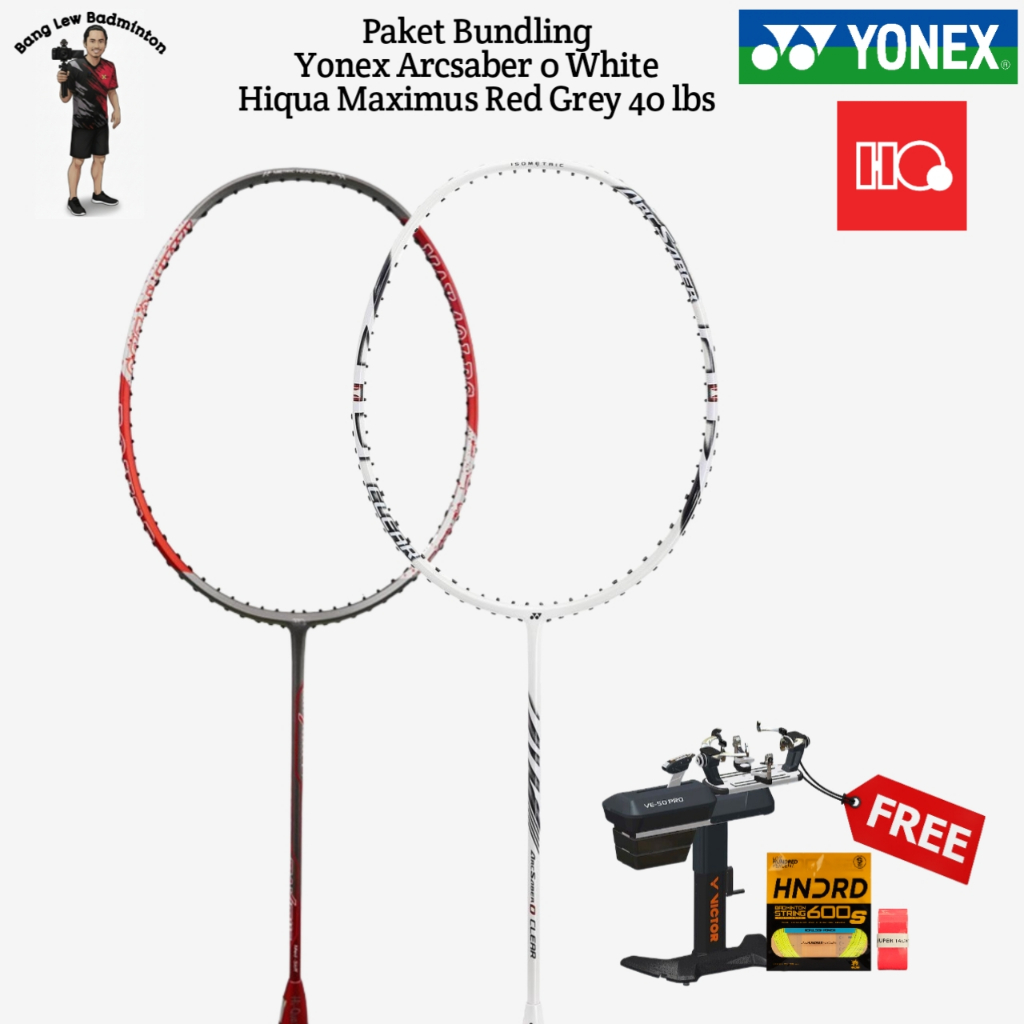 Paket Bunling Raket Badminton Hiqua Maximus Red Grey dan Yonex Arcsaber 0 White
