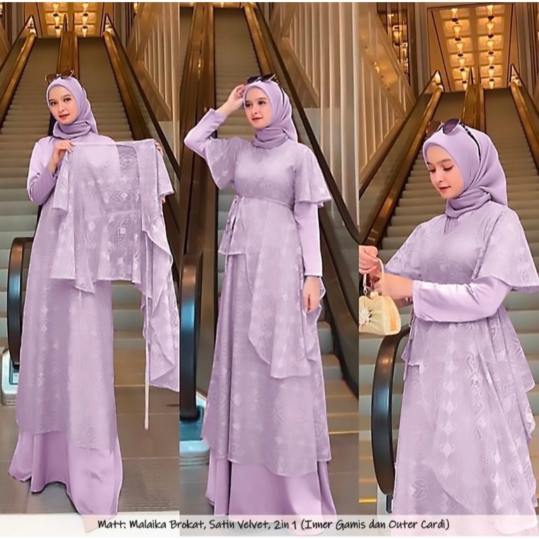 Set Balerina 2in1 gamis muslim warna lilac maxy brokat malika kombi satin size L gamis syari longdre