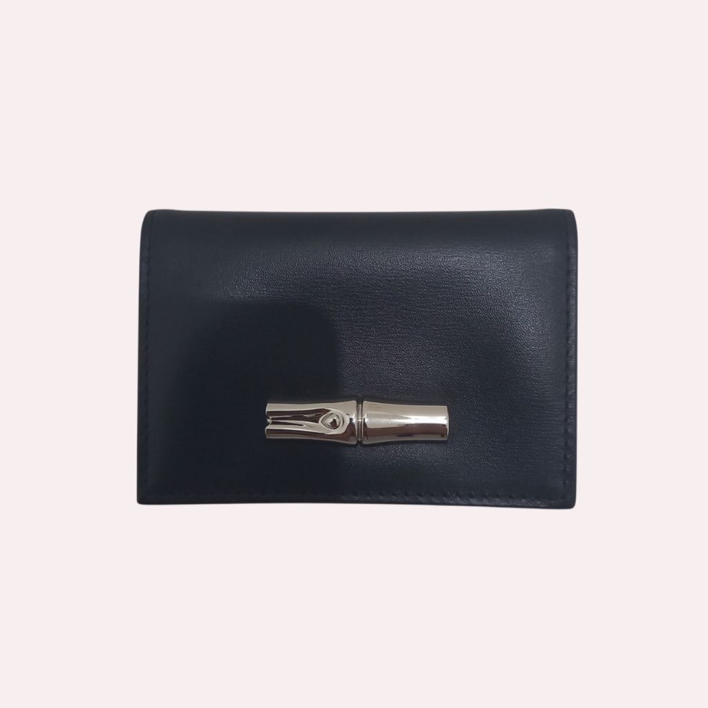 L0N9CH4MP Le Roseau Compact Trifold Wallet Black Card Holder Dompet Hitam Longc hamp LC SHW Silver H