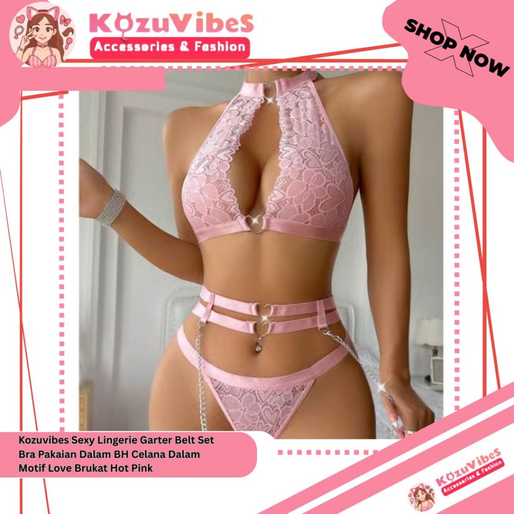 Kozuvibes Sexy Lingerie Garter Belt Set Bra Pakaian Dalam BH Celana Dalam Motif Love Brukat Hot Pink