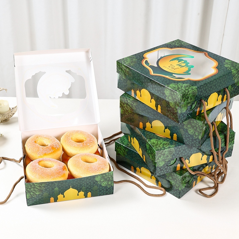 5Pcs Box Hampers Lebaran Idul Fitri Hijau Mika Tali Window Snack Box Donat Cookies Lucu Kardus