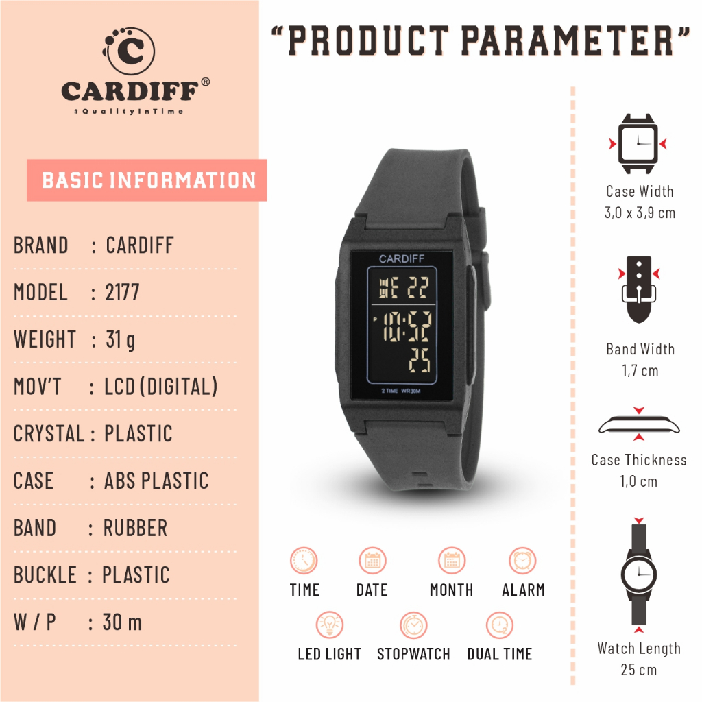 CARDIFF Jam Tangan LCD Karet 2177 | Tahan Air | Pria | 3ATM