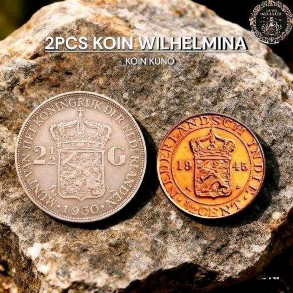 2PCS Koin Wilhelmina Nederland 1/2g 1930/1943 dan Koin Indie Cent 1/2g 1945 Best Quality Asli