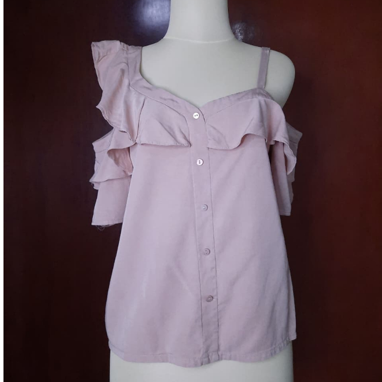 [Alien'sgecko] Atasan wanita cold shoulder ruffle top atasan lucu atasan wanita warna peach