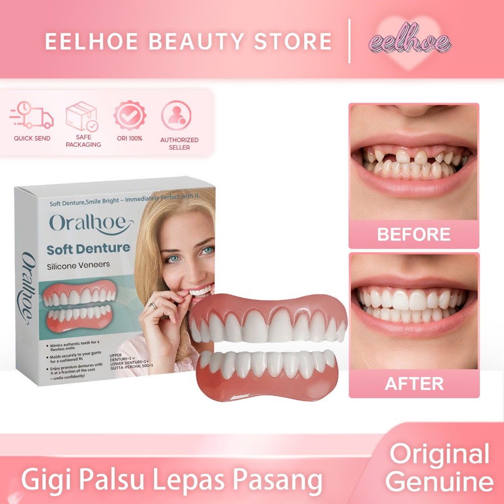 Oralhoe Gigi Palsu Lepas Pasang 1Set Full Denture Set Gigi Palsu Atas Bawah Buat Gigi Goyang