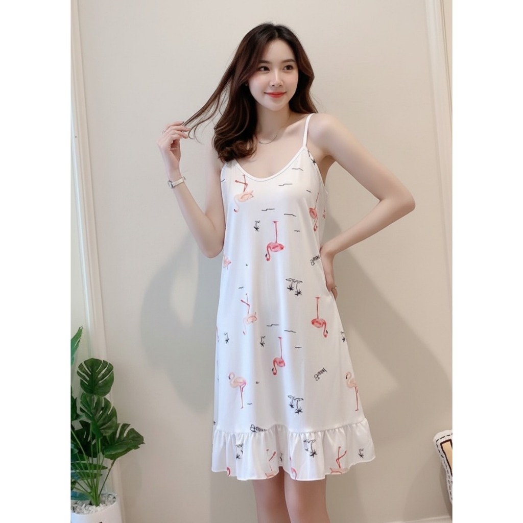 PAKAIAN TIDUR WANITA REMAJA DASTER TALI KECIL RUFFLE MOTIF RANDOM KEKINIAN BAHAN KATUN LEMBUT