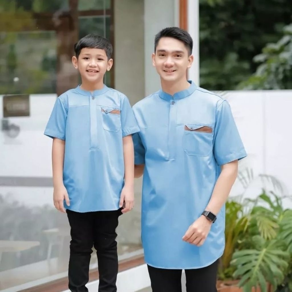 FAAZ - Baju Koko katun Couple Ayah Anak Laki Laki Lengan Pendek Model Terbaru 2026 WARNA BIRU MUDA L