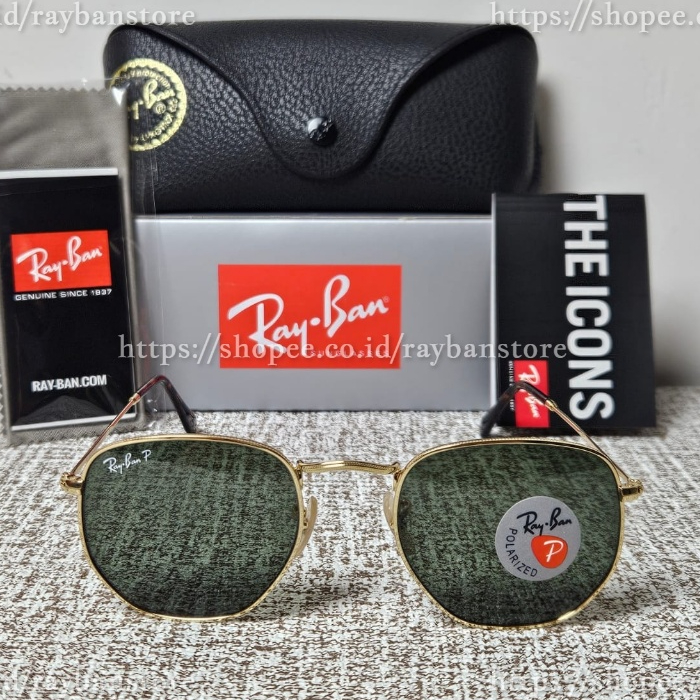 Kacamata Rayban Hexagonal RB3548N 001/58 Gold Lens Green Polarized Original