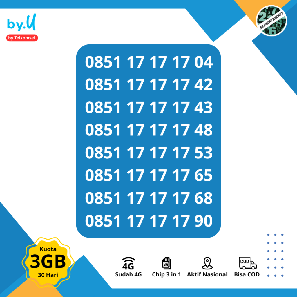 NOMOR CANTIK By.U Seri 17 17 17 - Nomor Cantik TELKOMSEL By.U Seri 17 17 17 BONUS KUOTA 3GB 30 HARI 