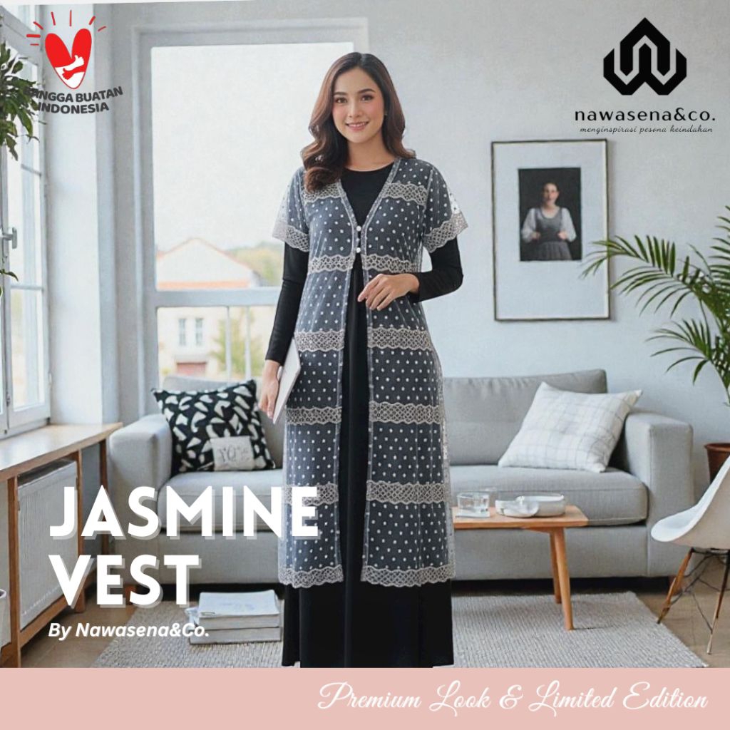 Jasmine Vest Brukat Outer Tile Premium Denim Rompi Panjang Kekinian Brokat Modern