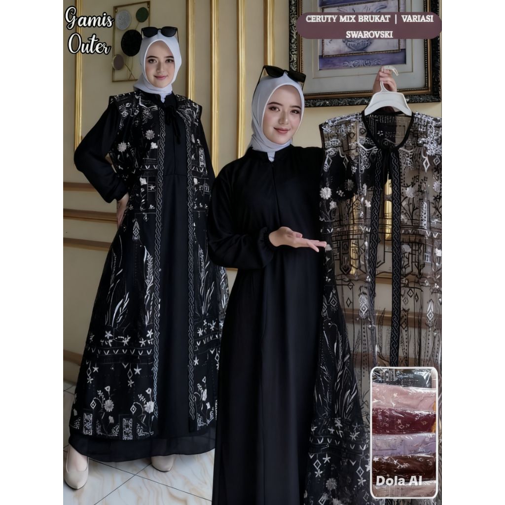 gamis brokat model rompi, busui & wudhu friendlly ceruty babydol mix brokat mewah aplikasi payet Dre