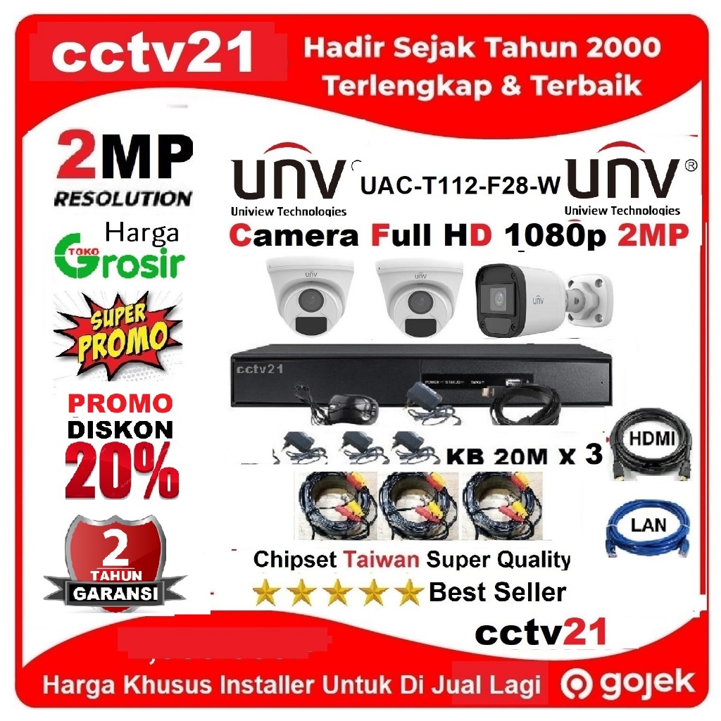 Paket 3 Camera /CCTV / UNV 2MP DVR+Kabel 60M+Kabel HDMI+Kabel-Lan Harga Promo cctv21