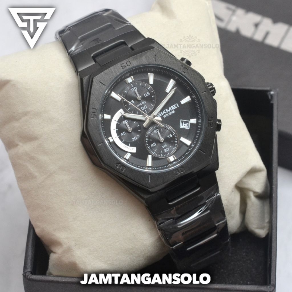 JAM TANGAN PRIA SKMEI C CHRONO ORIGINAL ANALOG STAINLESS STEEL FREE BOX MEWAH RANTAI KREPYAK