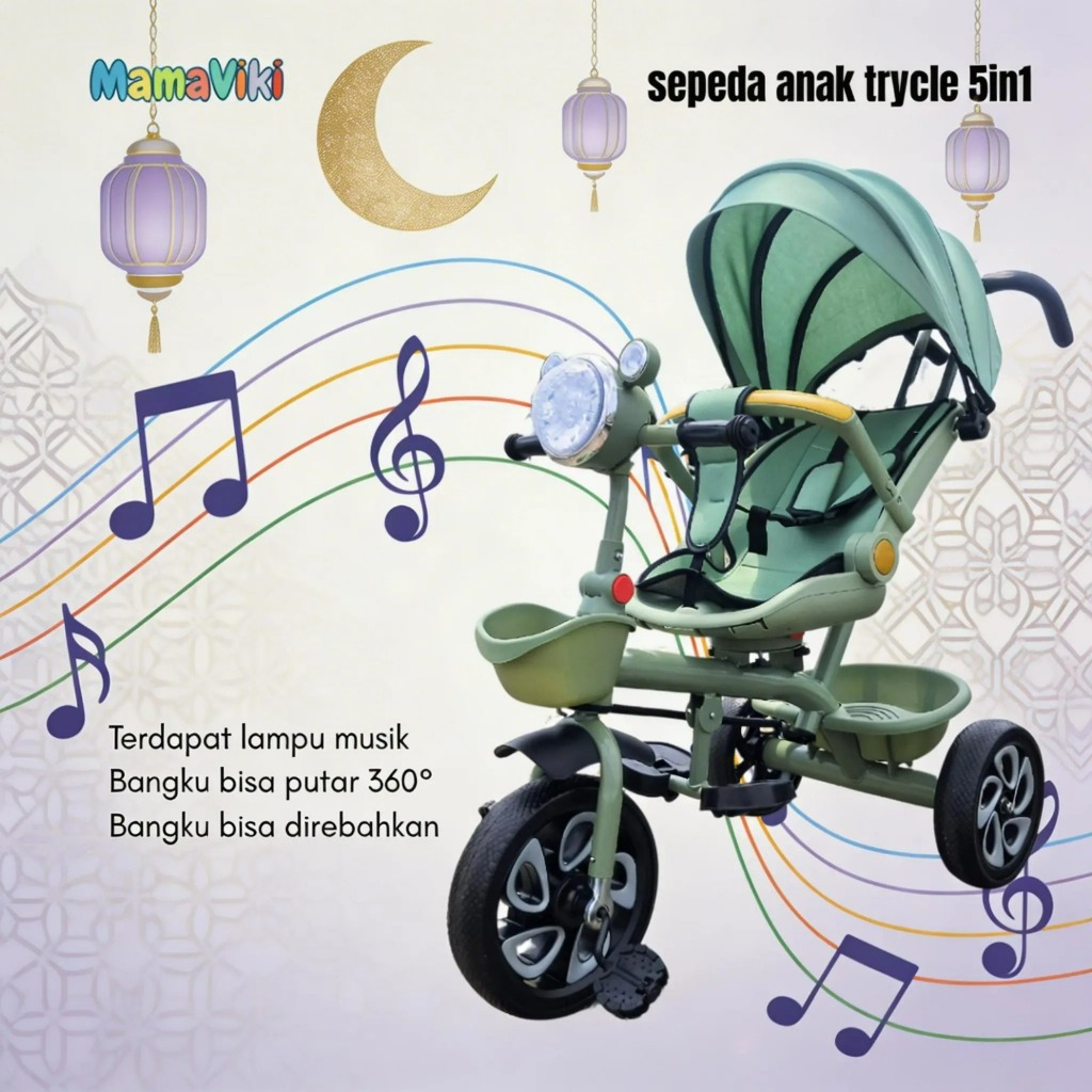 MamaViki Sepeda Anak 5in1 Roda 3 Tricycle Bayi Roda 3 Sepeda Stroller Dorong Tidur Duduk Musik Lampu
