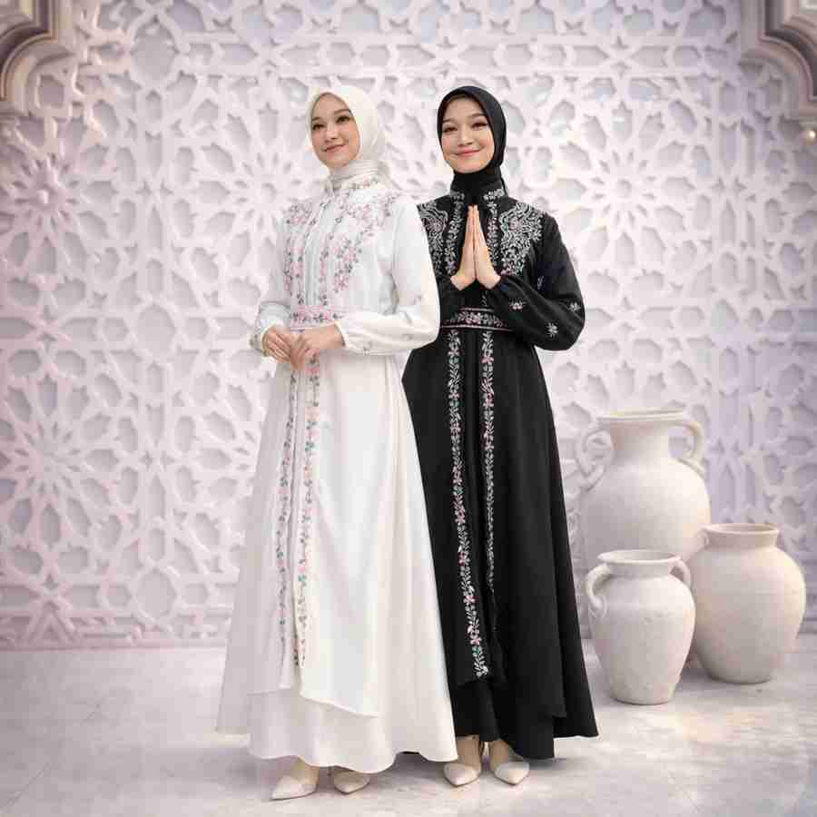 PRQUEEN Dress Gamis Hitam Putih - Radwah Abaya Maxy Bordir Wanita Muslimah