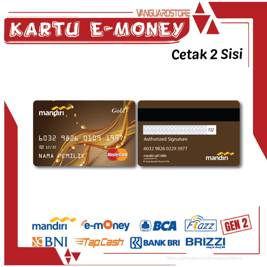 KARTU E MONEY DEBIT CREDIT CARD GOLD EMONEY MANDIRI FLAZZ BCA BNI TAPCASH BRIZZI BRI - 2 SISI