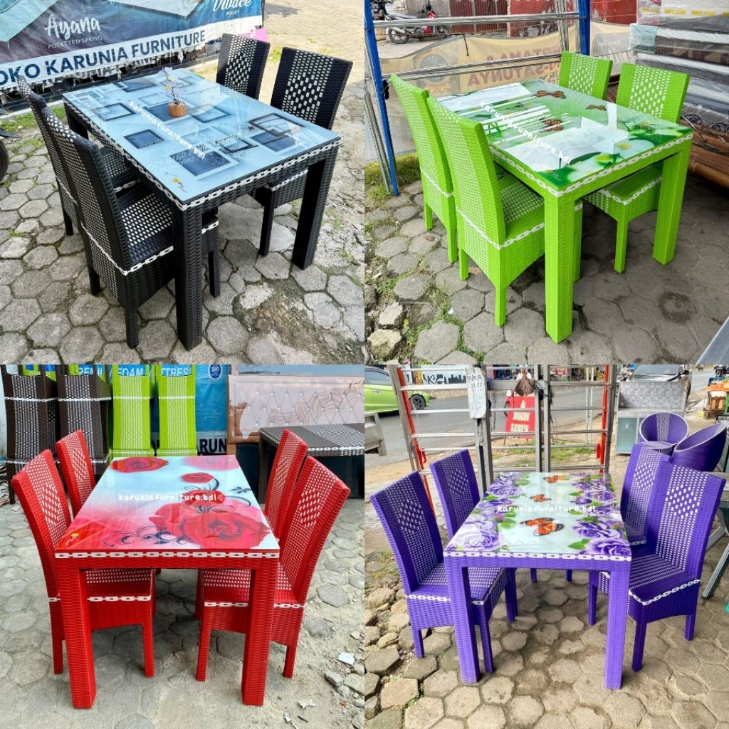 READY MEJA MAKAN ROTAN SINTETIS KACA MOTIF PRINTING | FREE ONGKIR BANDAR LAMPUNG