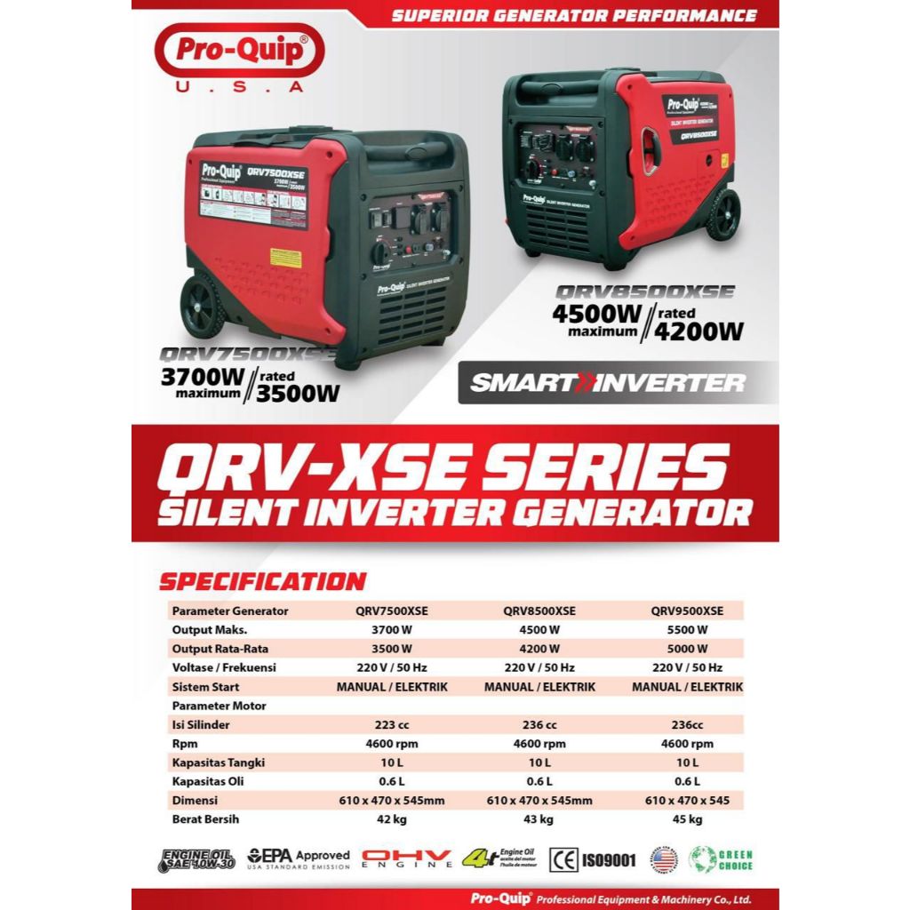 Generator / Genset Silent Proquip qrv 9500-5000 Watt Bensin