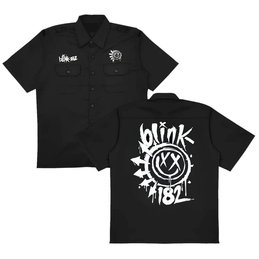 Apage Workshirt Blink-182 Logo Putih kemeja kerja pdh warna hitam pdl kemeja pria wanita