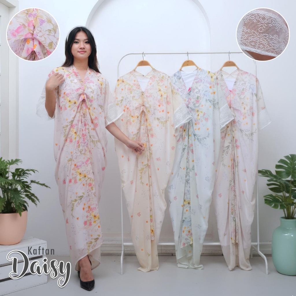 Kaftan Daisy Floral Lipat, Bahan Ceruty, lengan brokat, dan inner hyget putih