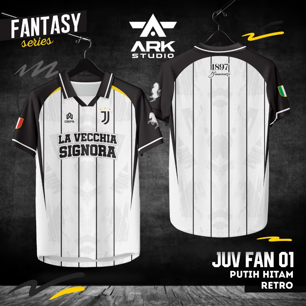 Jersey Futsal JUV FAN 01 & 02 Putih Hitam Retro Atasan Full Printing – Baju Bola Printing Premium