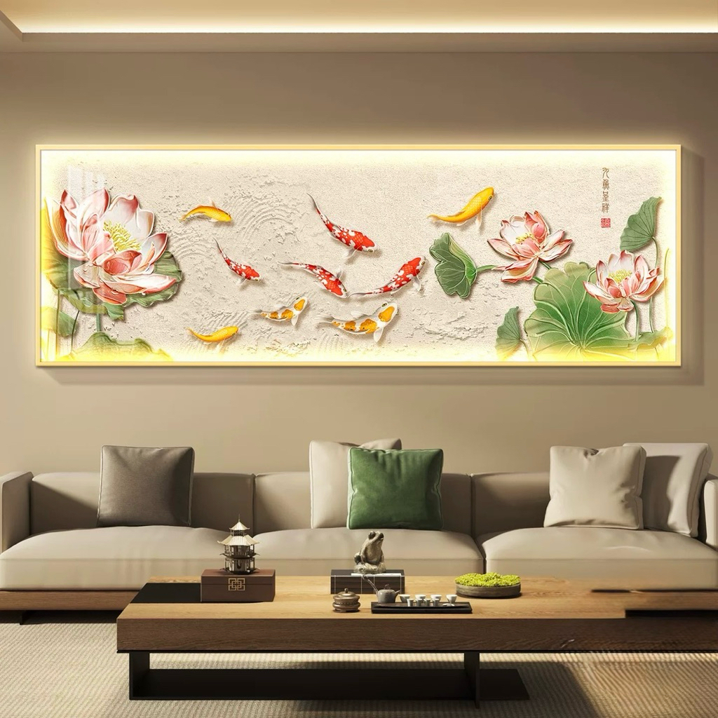 KOKOPAINTING Lukisan Porcelain Diamond 5D Kristal LED Panjang Horizontal Motif 9 Ikan Koi Bunga Tera