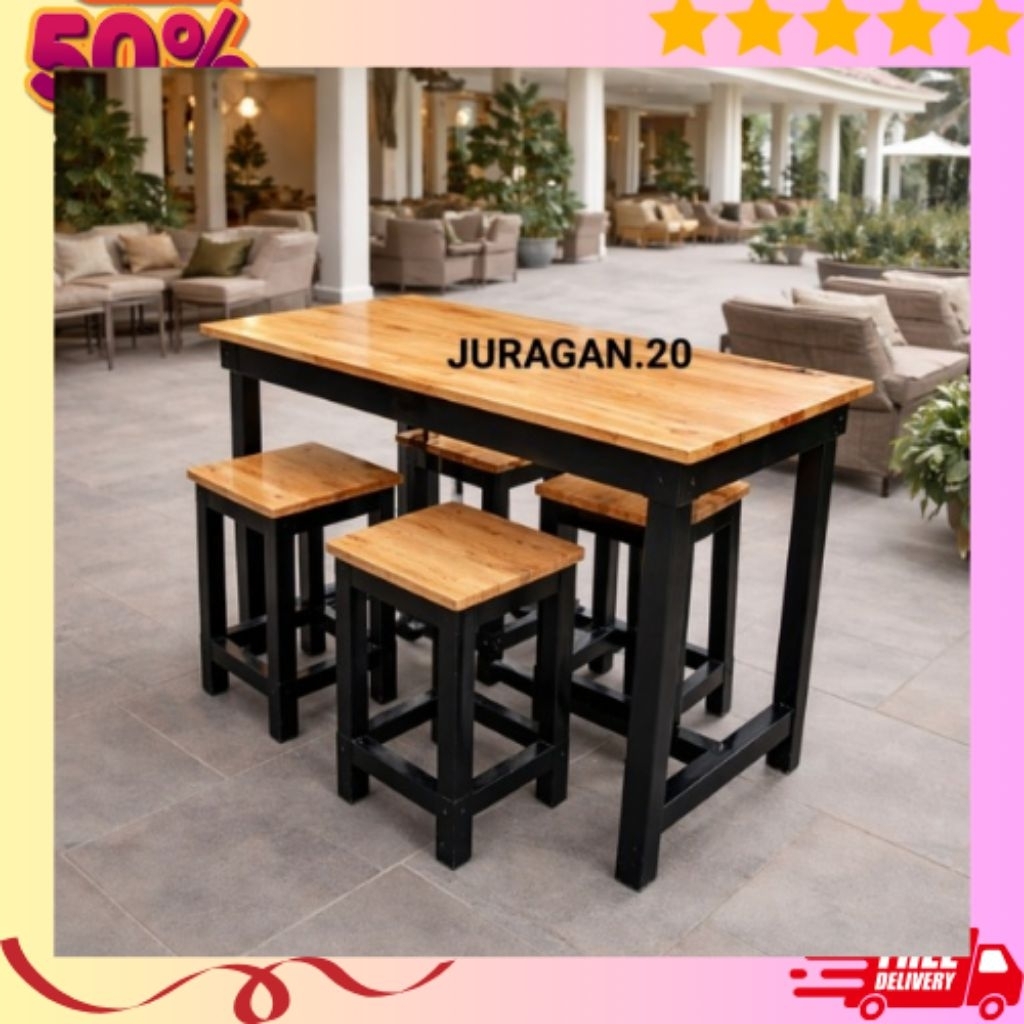 Set Meja Makan Cafe Minimalis 1 Meja + 4 Kursi Hitam Natural Glosy